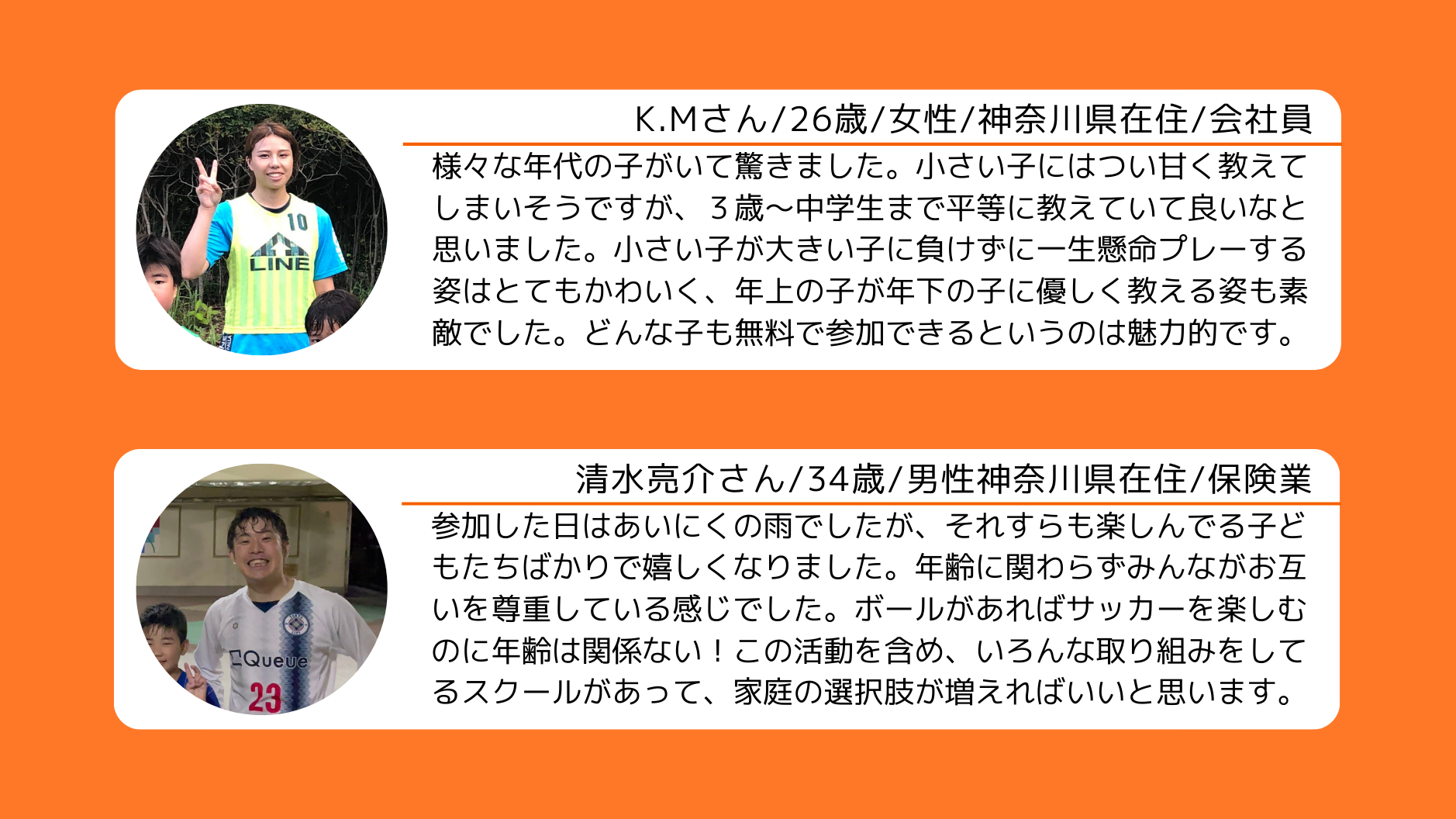 様々な年代の子がいて驚きました。小さい子にはつい甘く教えてしまいそうですが、３歳〜中学生まで平等に教えていて良いなと思いました。小さい子が大きい子に負けずに一生懸命プレーする姿はとてもかわいく、年上の子が年下の子に優しく教える姿も素敵でした。どんな子も無料で参加できるというのは魅力的です。
K.Mさん/26歳/女性/神奈川県在住/会社員
参加した日はあいにくの雨でしたが、それすらも楽しんでる子どもたちばかりで嬉しくなりました。年齢に関わらずみんながお互いを尊重している感じでした。ボールがあればサッカーを楽しむのに年齢は関係ない！この活動を含め、いろんな取り組みをしてるスクールがあって、家庭の選択肢が増えればいいと思います。
清水亮介さん/34歳/男性神奈川県在住/保険業