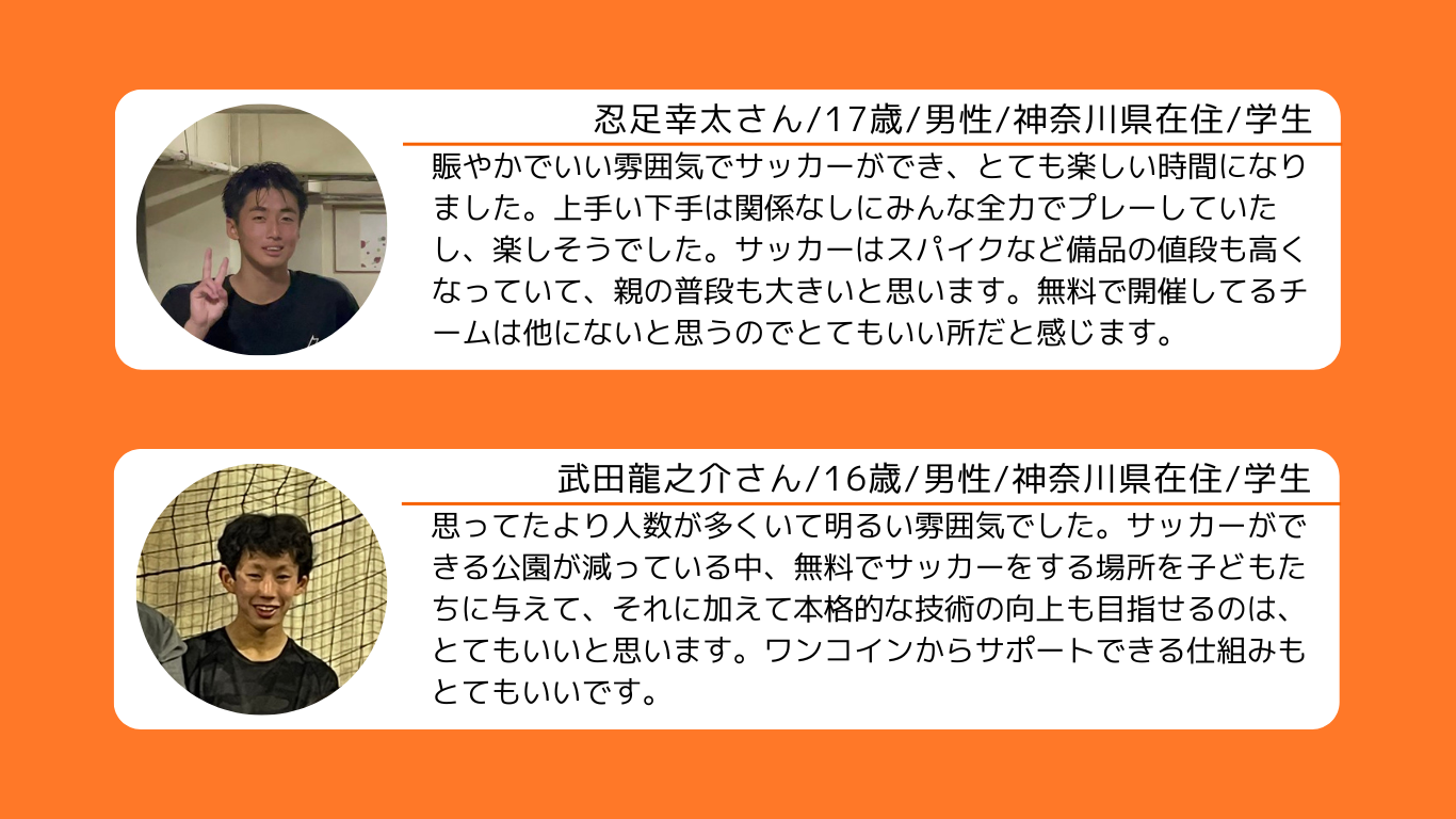 賑やかでいい雰囲気でサッカーができ、とても楽しい時間になりました。上手い下手は関係なしにみんな全力でプレーしていたし、楽しそうでした。サッカーはスパイクなど備品の値段も高くなっていて、親の普段も大きいと思います。無料で開催してるチームは他にないと思うのでとてもいい所だと感じます
。
忍足幸太さん/17歳/男性/神奈川県在住/学生
思ってたより人数が多くいて明るい雰囲気でした。サッカーができる公園が減っている中、無料でサッカーをする場所を子どもたちに与えて、それに加えて本格的な技術の向上も目指せるのは、とてもいいと思います。ワンコインからサポートできる仕組みもとてもいいです。
武田龍之介さん/16歳/男性/神奈川県在住/学生